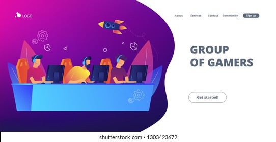 Professional gamers team with headsets at the table at computer playinng video games. E-sports team, group of gamers, pro gamers team concept. Website vibrant violet landing web page template.