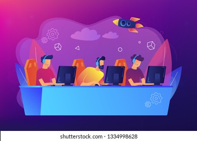 Professional gamers team with headsets at the table at computer playinng video games. E-sports team, group of gamers, pro gamers team concept. Bright vibrant violet vector isolated illustration