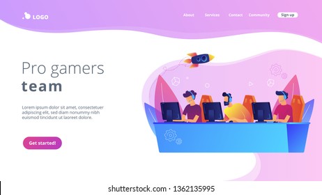 Professional gamers team with headsets at the table at computer playinng video games. E-sports team, group of gamers, pro gamers team concept. Website vibrant violet landing web page template.