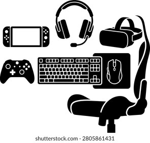 Professional gaming peripherals and gear collection icon set