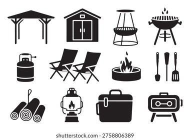 Professional garden barbecue set featuring picnic accessories gas tank firewood stack and camping gear