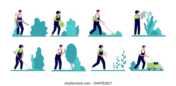 Professional garden girl. Gardener equipment, worker pruning bush leaves. Professional lawn care, flat woman working with plants vector set