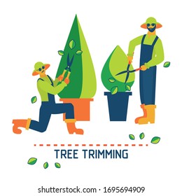 Professional Garden Workers Trim The Trees With Hedge Clippers. Plants Grow In Plant Pots. Tree Trimming And Pruning Concept For Design Of Banners. Garden Service Icon. Flat Vector Illustration.