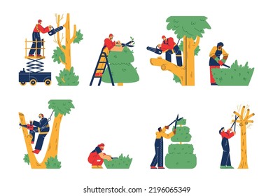 Professional Garden Workers Trim The Trees And Bushes Set Of Characters Flat Cartoon Vector Illustration Isolated On White Background. Tree Trimming Garden Service.