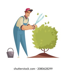 Professional gardener grass shrubbery trees hedges composition with male gardener tipping bush with scissors vector illustration