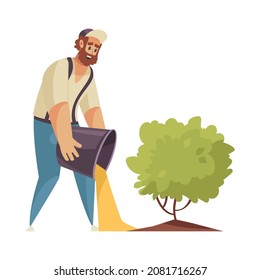 Professional gardener grass shrubbery trees hedges composition with male gardener pouring fertilizer out of bucket vector illustration