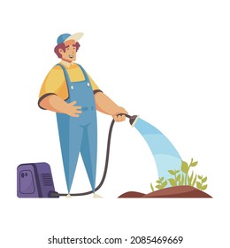 Professional gardener grass shrubbery trees hedges composition with character of gardener watering ground with flowers vector illustration