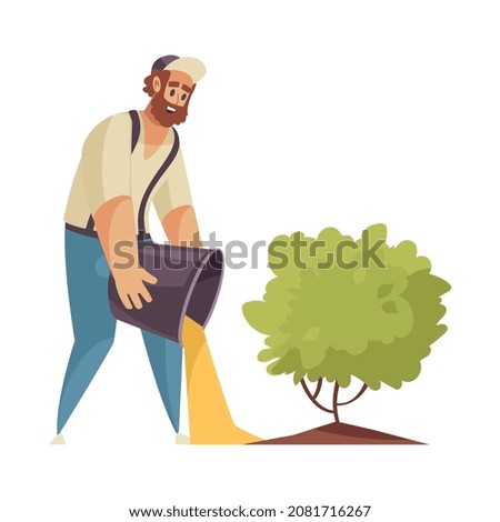 Professional gardener grass shrubbery trees hedges composition with male gardener pouring fertilizer out of bucket vector illustration
