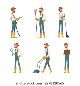 Professional gardener in overalls working in garden tools. Farm worker mowing grass, harvesting, watering plants cartoon vector illustration