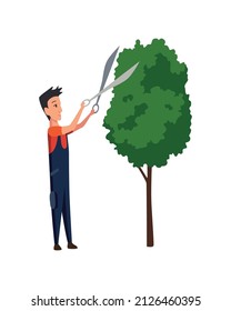 Professioneller Gartenschneidbaum mit Beschneiden oder Gartenscheren. Mann, der mit Sträuchern im Garten arbeitet. farbige flache Vektorgrafik von Arbeitnehmern auf Uniform einzeln auf weißem Hintergrund
