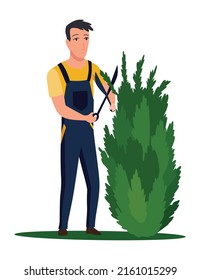 Professional gardener pruning tree with pruners or garden shears. Man working with shrubs in backyard. Colored flat vector illustration of worker in uniform isolated on white background