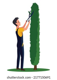 Professional gardener pruning tree with pruners or garden shears. Man working with shrubs in backyard. Colored flat vector illustration of worker in uniform isolated on white background