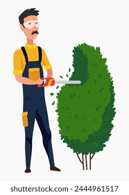 Professional gardener pruning tree with pruners or garden shears. Man working with shrubs in backyard. Colored flat vector illustration of worker in uniform isolated on white background