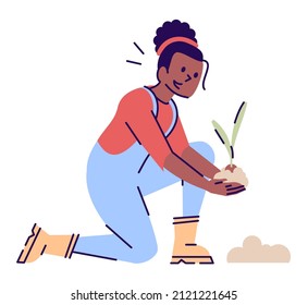 Professional Gardener Semi Flat RGB Color Vector Illustration. Female Farmer Planting Green Seedling Isolated Cartoon Character On White Background