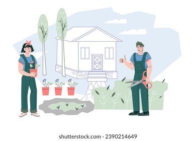 Professional gardener services banner backdrop with experienced team of gardeners who provide lawn care and landscaping, flat vector illustration isolated on white background.