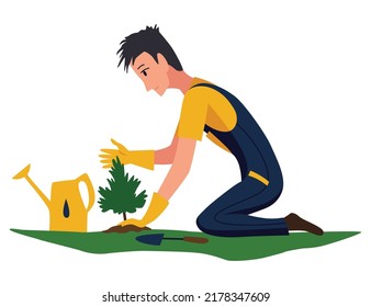 Professional gardener with shovel digging hole in garden. Man buries seedling in ground for planting trees. Professional gardener worker applies fertilizer to pit. Worker in uniform