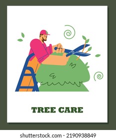 Professional gardener taking care of tree, bush or hedge - flat vector illustration on white background. Man working with shears in the garden or backyard.