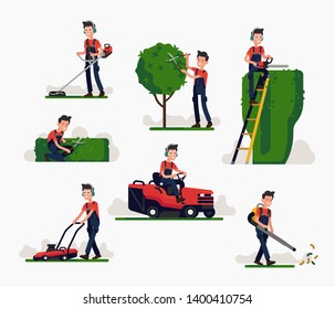 Professional gardener using garden machinery, equipment and tools: mowing, cutting, trimming grass and shrubbery, pruning trees and hedges. Man working in garden poses set