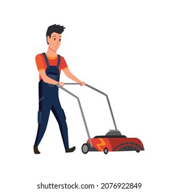 Professional gardener worker mowing lawn with electric push-mower in backyard. Male handyman cutting grass in garden. Colored flat cartoon vector illustration professional worker