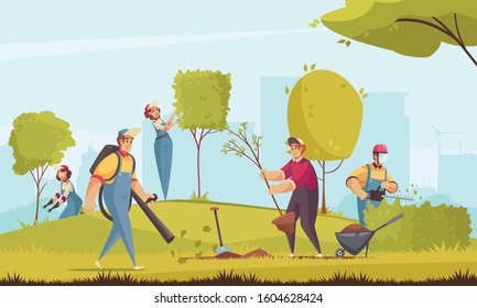 Professional gardener working background with trees and bushes flat vector illustration