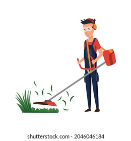 Professional gardener working on backyard and mowing lawn with electric mower. Male handyman cutting grass in garden. Colored flat cartoon vector illustration of professional worker