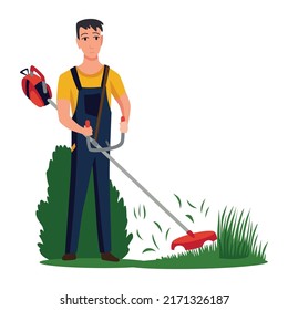 Professional gardener working on backyard and mowing lawn with electric mower. Male handyman cutting grass in garden. Colored flat cartoon vector illustration of professional worker