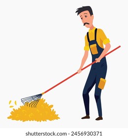 Professional gardener working on backyard collects fallen leaves with rake. Male handyman making autumn cleaning in garden. Colored flat cartoon vector illustration of worker