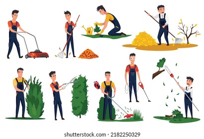 Professional Gardeners With Different Tools And Poses. Maintenance Performing, Plants And Lawn Care, Pruning Bush Leaves. Man Using Garden Machinery, Equipment And Tools