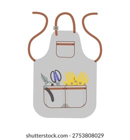 Professional gardening apron vector illustration. Flat design featuring pockets with garden pruners, scissors, and yellow work gloves. Great for hobby gardening and agriculture branding.