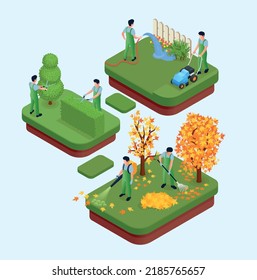 Elementos isométricos de jardinería profesional para la siembra de césped de árbol topiario limpieza vegetal otoño composiciones aisladas ilustración vectorial