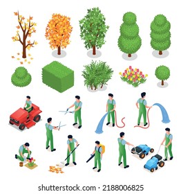 Professional gardening isometric icons with elements of landscape design and people working outdoor isolated vector illustration