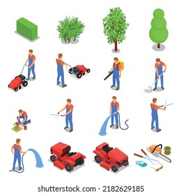 Professional gardening isometric set of specialists working on lawn mowing planting flowers watering isolated vector illustration