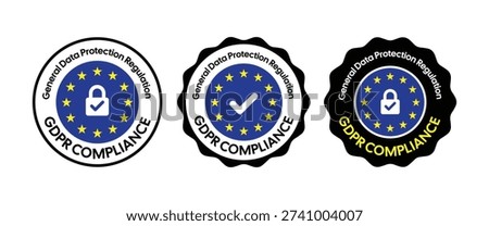 Professional GDPR compliance badge collection featuring EU stars, padlock and checkmark icons in multiple seal styles. Ideal for websites, e-commerce platforms, legal documentation, and marketing materials promoting data protection and privacy compliance.