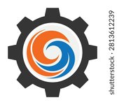 A professional gear emblem featuring a central swirling vortex in vibrant orange and blue colors. This industrial symbol represents mechanical motion and innovation.