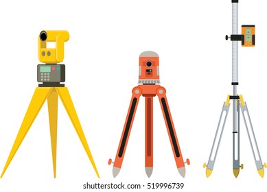 Professional geodetic optical measuring devices. Laser level, tachymeter, theodolite, surveying measurement engineering instruments. Industrial construction optical tools on tripod. Isolated on white