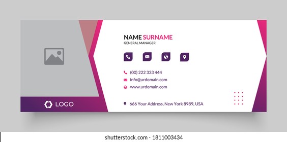 Professional geometric business and corporate email signature with an author photo place. Modern and minimalist layout white background and gradient shape design 