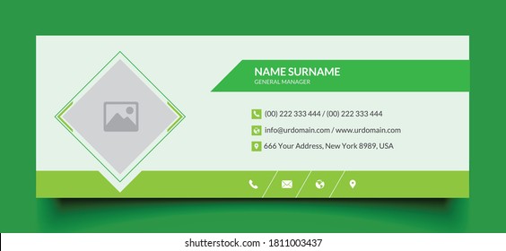 Professional geometric business and corporate email signature with an author photo place modern and minimalist layout green shape design 