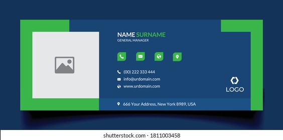 Professional geometric business and corporate email signature with an author photo place. Modern and minimalist layout dark blue background and green shape design 