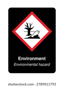 Professional GHS environmental hazard label featuring the internationally recognized dead tree and fish pictogram on a high-contrast black background. Ideal for chemical safety manuals, environmental risk communication, hazardous substance identification, workplace training, industrial applications, and regulatory compliance projects.