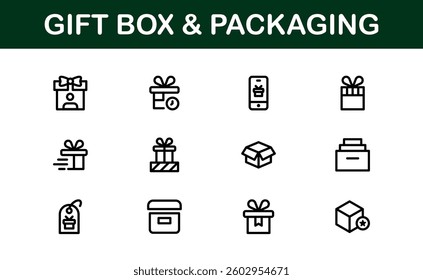 Professional Gift Box and Packaging Icon Set Vector Illustration. Most Useful Icons for Gift Wrapping, Boxes, and Packaging