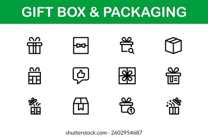 Professional Gift Box and Packaging Icon Set Vector Illustration. Most Useful Icons for Gift Wrapping, Boxes, and Packaging