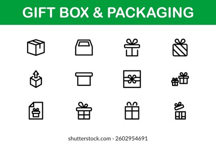 Professional Gift Box and Packaging Icon Set Vector Illustration. Most Useful Icons for Gift Wrapping, Boxes, and Packaging