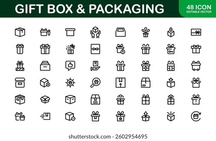 Professional Gift Box and Packaging Icon Set Vector Illustration. Most Useful Icons for Gift Wrapping, Boxes, and Packaging