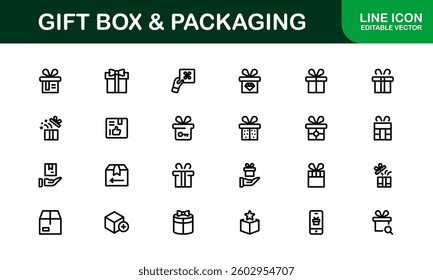 Professional Gift Box and Packaging Icon Set Vector Illustration. Most Useful Icons for Gift Wrapping, Boxes, and Packaging