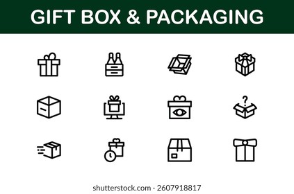 Professional Gift Box and Packaging Icon Set Vector Illustration. Most Useful Icons for Gift Wrapping, Boxes, and Packaging