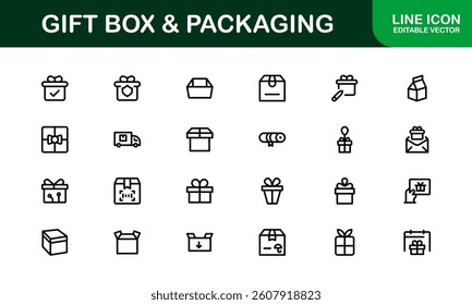 Professional Gift Box and Packaging Icon Set Vector Illustration. Most Useful Icons for Gift Wrapping, Boxes, and Packaging