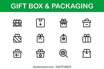 Professional Gift Box and Packaging Icon Set Vector Illustration. Most Useful Icons for Gift Wrapping, Boxes, and Packaging