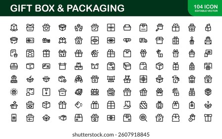 Professional Gift Box and Packaging Icon Set Vector Illustration. Most Useful Icons for Gift Wrapping, Boxes, and Packaging
