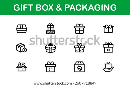 Professional Gift Box and Packaging Icon Set Vector Illustration. Most Useful Icons for Gift Wrapping, Boxes, and Packaging