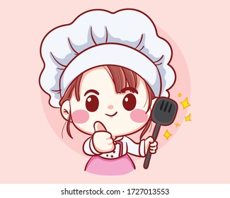 Professional girl Chef With ladle In Hands, Occupation, Cuisine, Menu, Kitchen, Crockery, Cookery, Bakery cartoon art illustration logo. Premium Vector